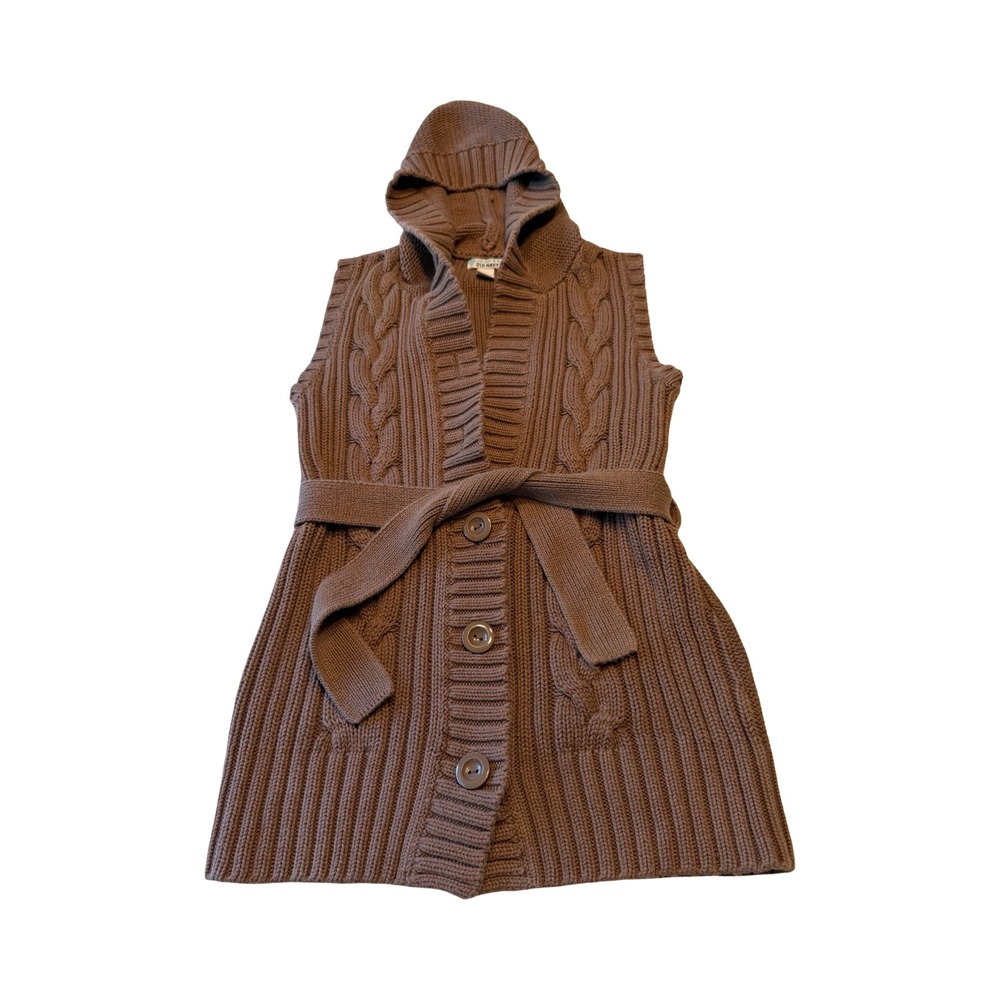 Old Navy Walnut Creek Brown Cable Knit Hooded Button Front Belted Sweater Vest L